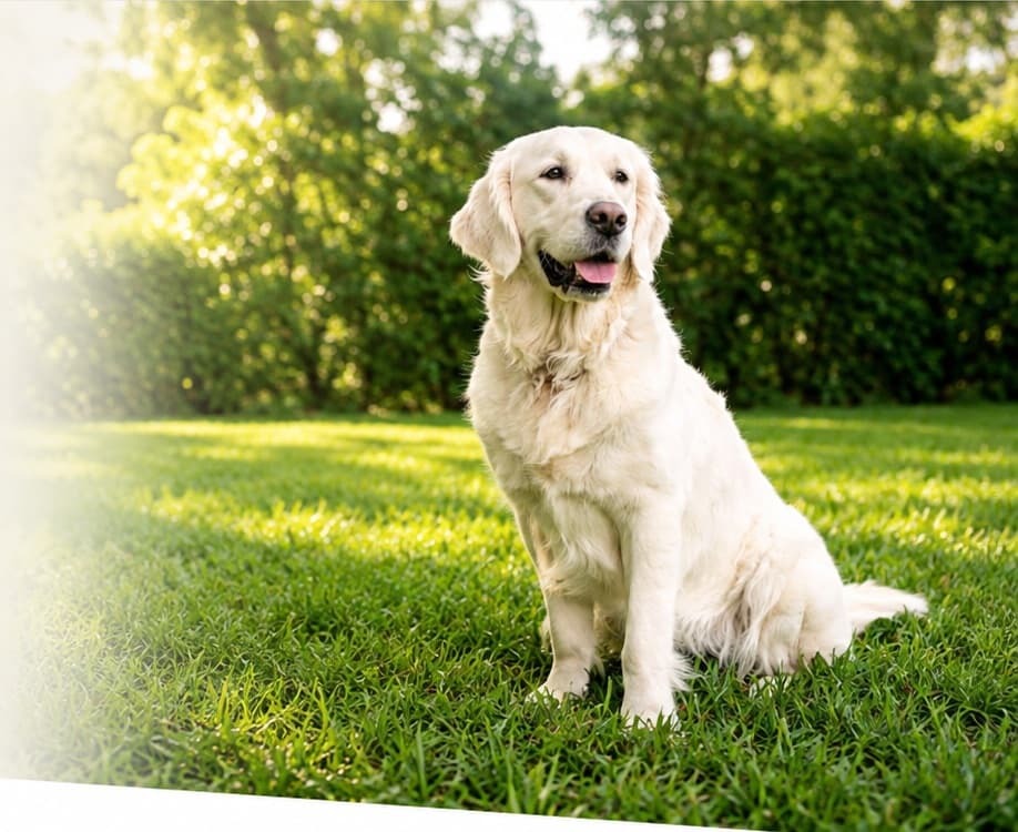 Gracie, a golden retriever, sitting in a grassy yard